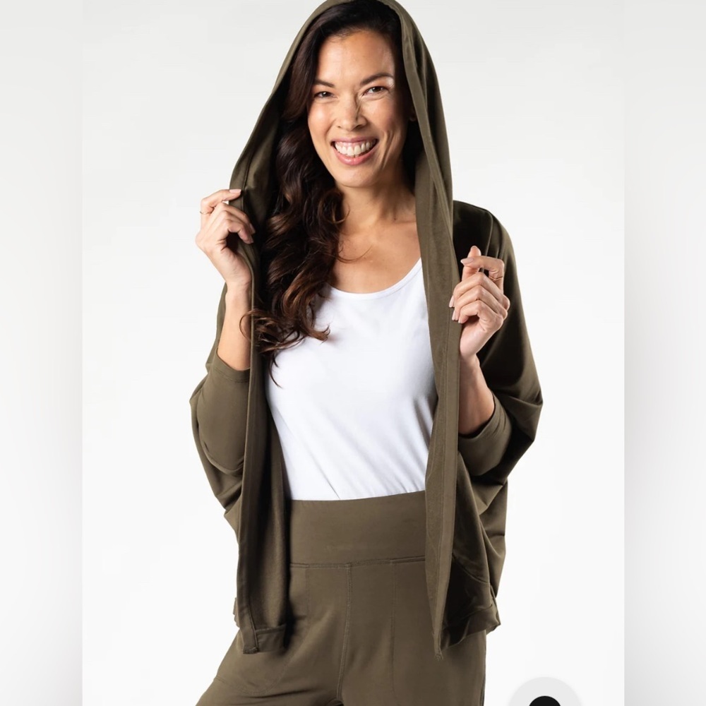 TERRERA Dolman Sleeve Hooded Open Front Loungewear Cardigan Olive Army Green